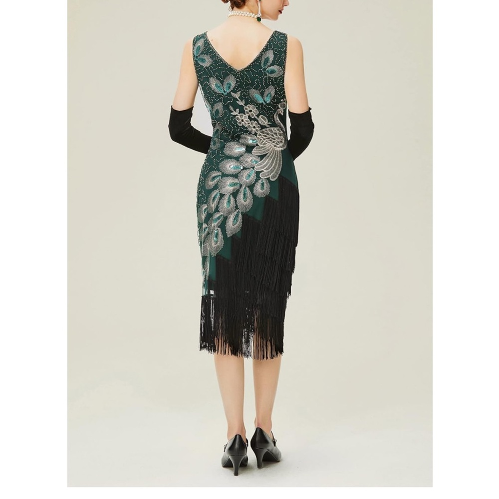 Emerald Green Beaded Fringe V-Neck Dress